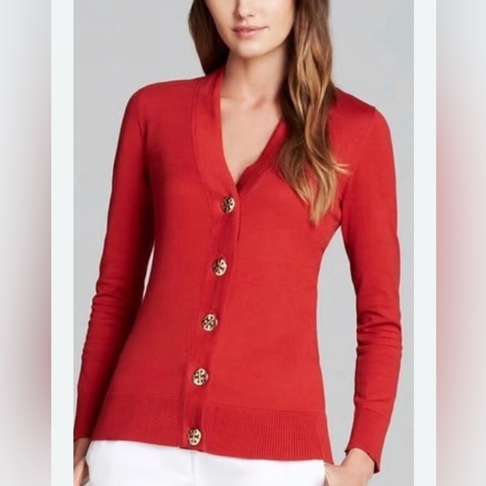 Tory Burch Red Simone Cotton Cardigan Gold Logo Button Size Small